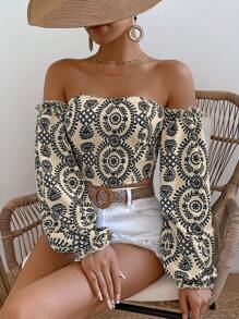 Breezaya Women Spring And Summer Vacation Style Plant Printed Off Shoulder Lantern Sleeve Loose Shirt,Long Sleeve Tops Fall Cloth For Women