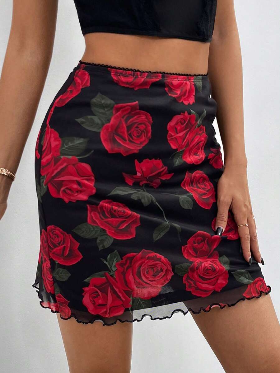 Elegantna uska suknja visokog struka od mrežaste tkanine sa printom
