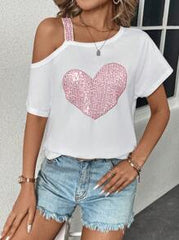 SHEIN LUNE Women Summer Glitter Heart Asymmetric Collar Short Sleeve Casual T-Shirt,Casual
