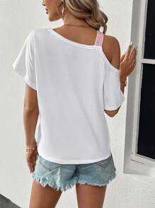 SHEIN LUNE Women Summer Glitter Heart Asymmetric Collar Short Sleeve Casual T-Shirt,Casual