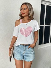 SHEIN LUNE Women Summer Glitter Heart Asymmetric Collar Short Sleeve Casual T-Shirt,Casual