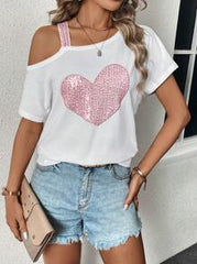 SHEIN LUNE Women Summer Glitter Heart Asymmetric Collar Short Sleeve Casual T-Shirt,Casual