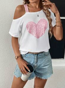 SHEIN LUNE Women Summer Glitter Heart Asymmetric Collar Short Sleeve Casual T-Shirt,Casual