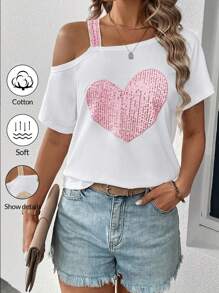 SHEIN LUNE Women Summer Glitter Heart Asymmetric Collar Short Sleeve Casual T-Shirt,Casual