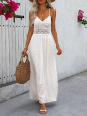 Breezaya Hollow Out Strappy Ladies Summer Lace Splicing Maxi Dress With Flowy Hemline Vacation Beach Outfits Women