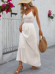 Breezaya Hollow Out Strappy Ladies Summer Lace Splicing Maxi Dress With Flowy Hemline Vacation Beach Outfits Women