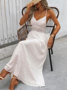 Breezaya Hollow Out Strappy Ladies Summer Lace Splicing Maxi Dress With Flowy Hemline Vacation Beach Outfits Women