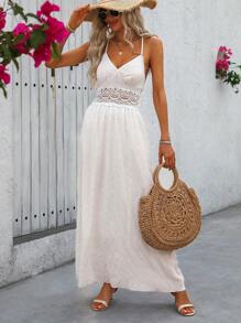 Breezaya Hollow Out Strappy Ladies Summer Lace Splicing Maxi Dress With Flowy Hemline Vacation Beach Outfits Women