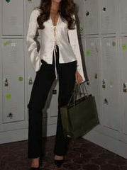 Women's Y2K Style Fitted Satin Bow Tie White Shirt