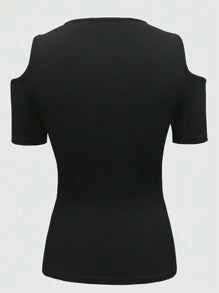 EMERY ROSE Women's Cold Shoulder Strap Cross Detail Top