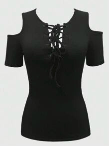 EMERY ROSE Women's Cold Shoulder Strap Cross Detail Top
