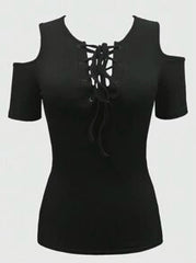 EMERY ROSE Women's Cold Shoulder Strap Cross Detail Top