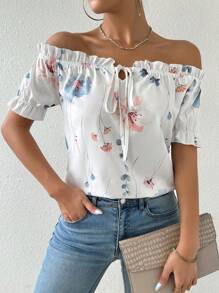 Breezaya Women Off-Shoulder Floral Printed Tie-Up Summer Casual Shirt,Short Sleeve Tops