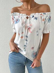 Breezaya Women Off-Shoulder Floral Printed Tie-Up Summer Casual Shirt,Short Sleeve Tops