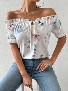 Breezaya Women Off-Shoulder Floral Printed Tie-Up Summer Casual Shirt,Short Sleeve Tops