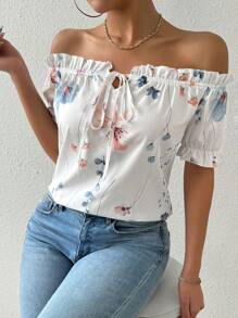 Breezaya Women Off-Shoulder Floral Printed Tie-Up Summer Casual Shirt,Short Sleeve Tops