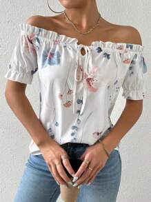 Breezaya Women Off-Shoulder Floral Printed Tie-Up Summer Casual Shirt,Short Sleeve Tops
