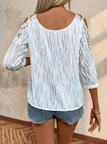 Chiquease Women's Summer Lace Spliced Open Shoulder Loose Fit Elegant Blouse With 3/4 Sleeves