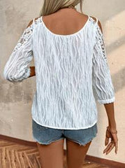 Chiquease Women's Summer Lace Spliced Open Shoulder Loose Fit Elegant Blouse With 3/4 Sleeves