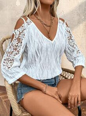 Chiquease Women's Summer Lace Spliced Open Shoulder Loose Fit Elegant Blouse With 3/4 Sleeves
