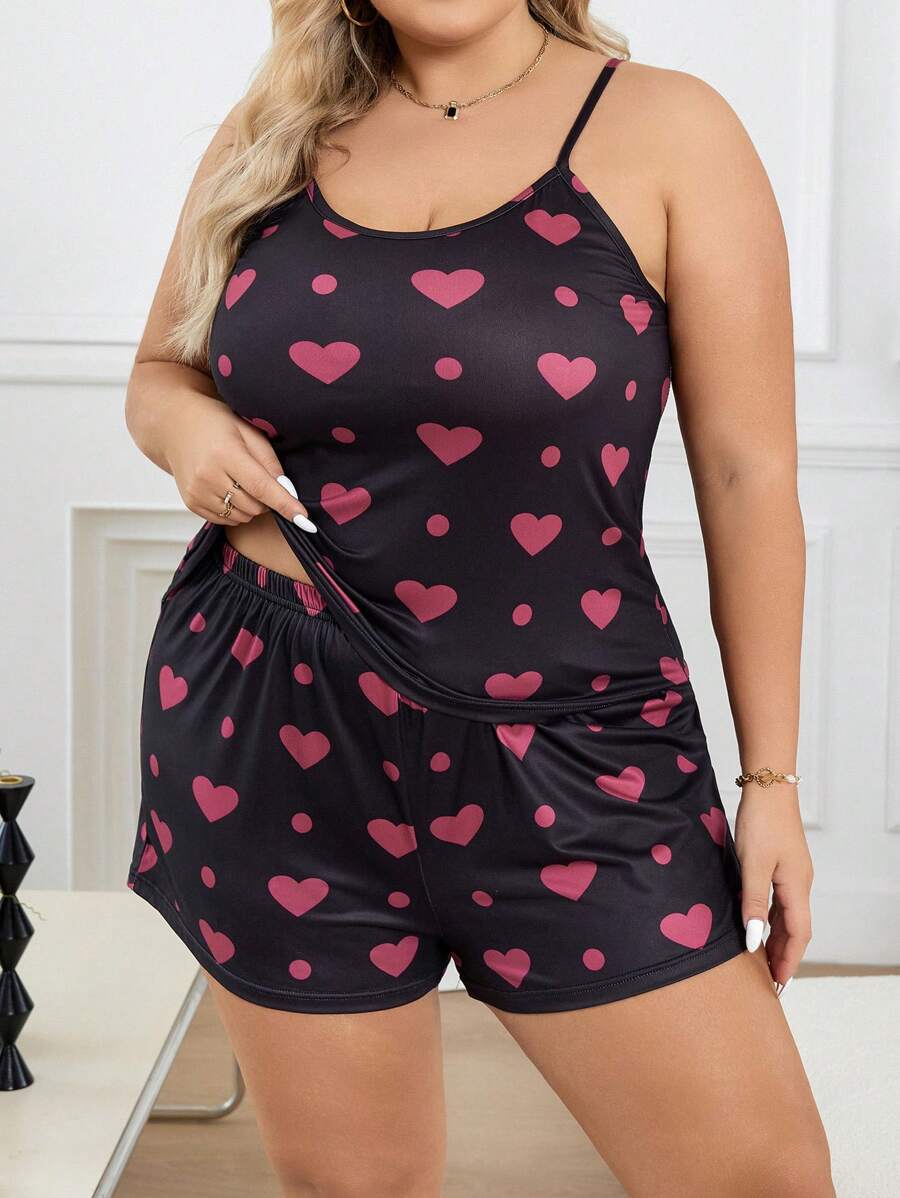 Ženski pidžama komplet plus size sa topom na bretele sa printom srca i pantalonama