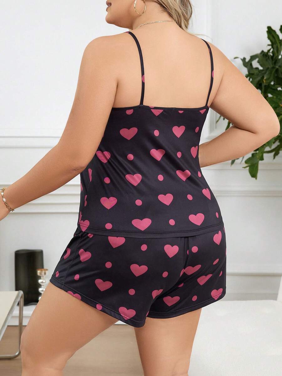Ženski pidžama komplet plus size sa topom na bretele sa printom srca i pantalonama