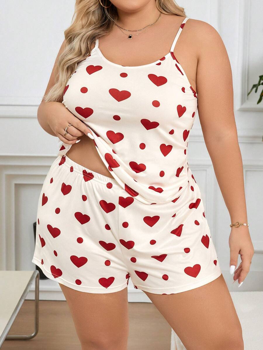 Ženski pidžama komplet plus size sa topom na bretele sa printom srca i pantalonama