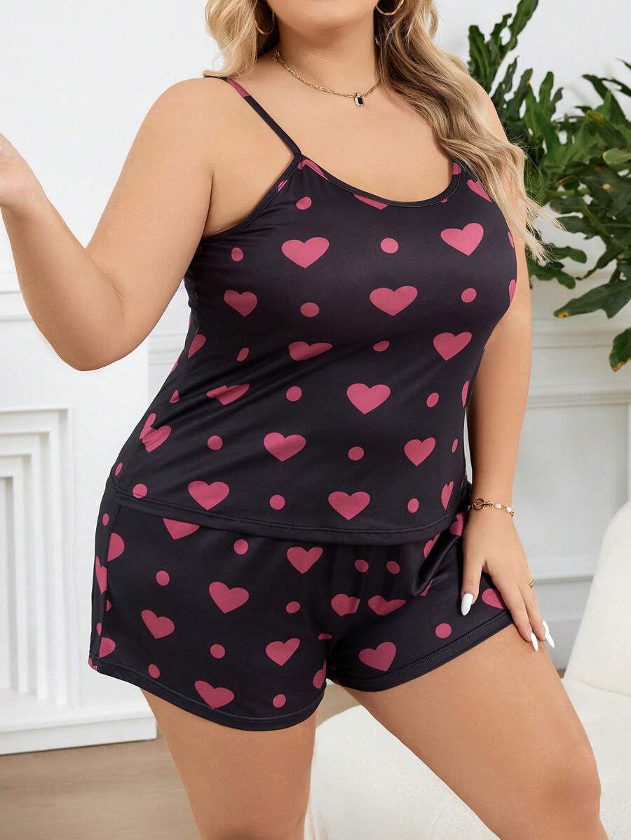 Ženski pidžama komplet plus size sa topom na bretele sa printom srca i pantalonama