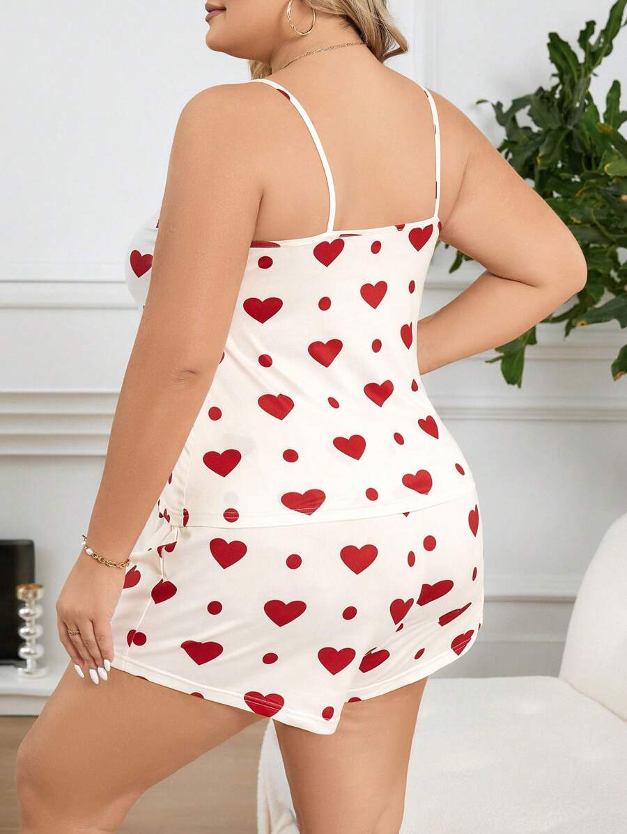 Ženski pidžama komplet plus size sa topom na bretele sa printom srca i pantalonama