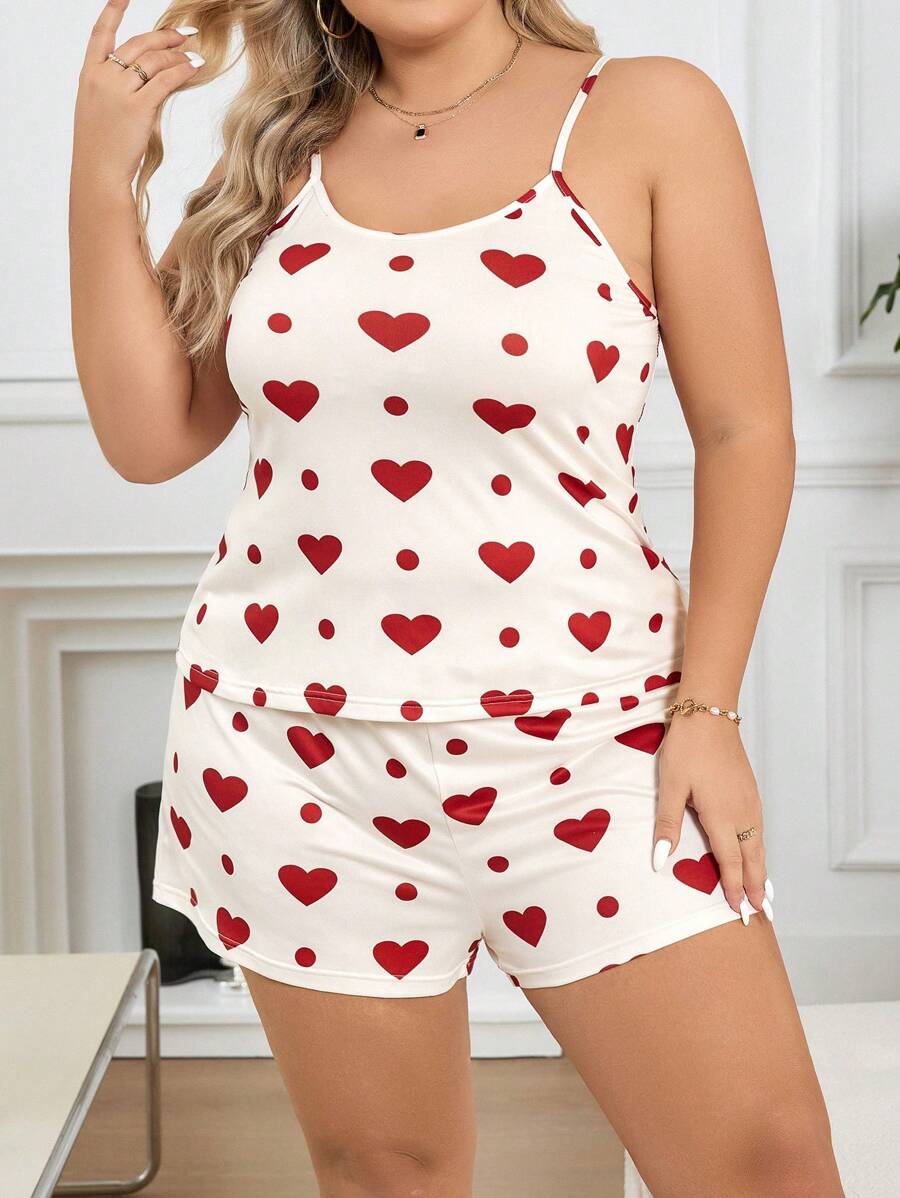 Ženski pidžama komplet plus size sa topom na bretele sa printom srca i pantalonama