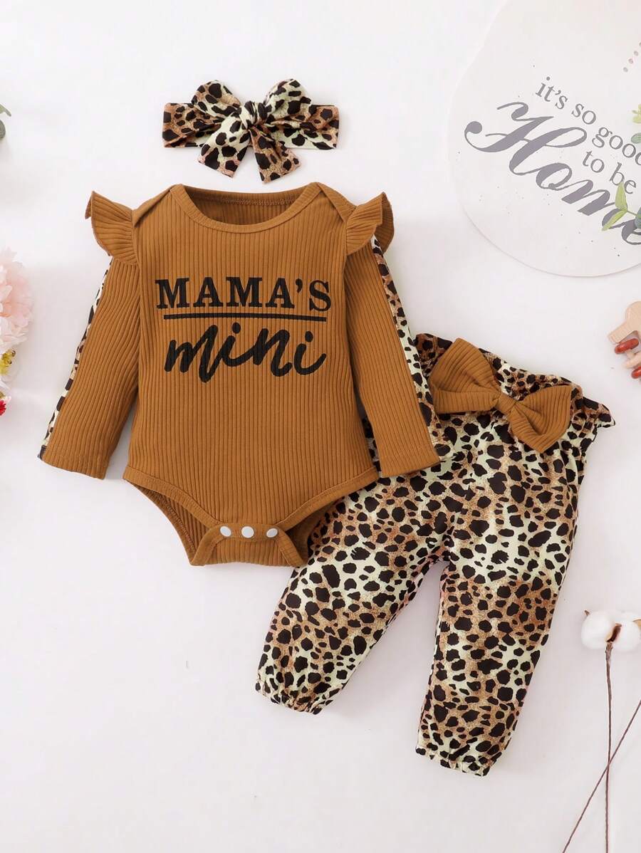 Moderan 3-delni komplet za devojčice sa trakom za glavu, bodijem i pantalonama sa paperbag strukom i leopard printom