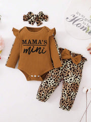 Moderan 3-delni komplet za devojčice sa trakom za glavu, bodijem i pantalonama sa paperbag strukom i leopard printom
