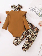 Moderan 3-delni komplet za devojčice sa trakom za glavu, bodijem i pantalonama sa paperbag strukom i leopard printom