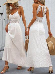 Breezaya Hollow Out Strappy Ladies Summer Lace Splicing Maxi Dress With Flowy Hemline Vacation Beach Outfits Women
