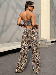 Ženski Bandeau Crop Top sa Leopard Printom i Opuštene Pantalone
