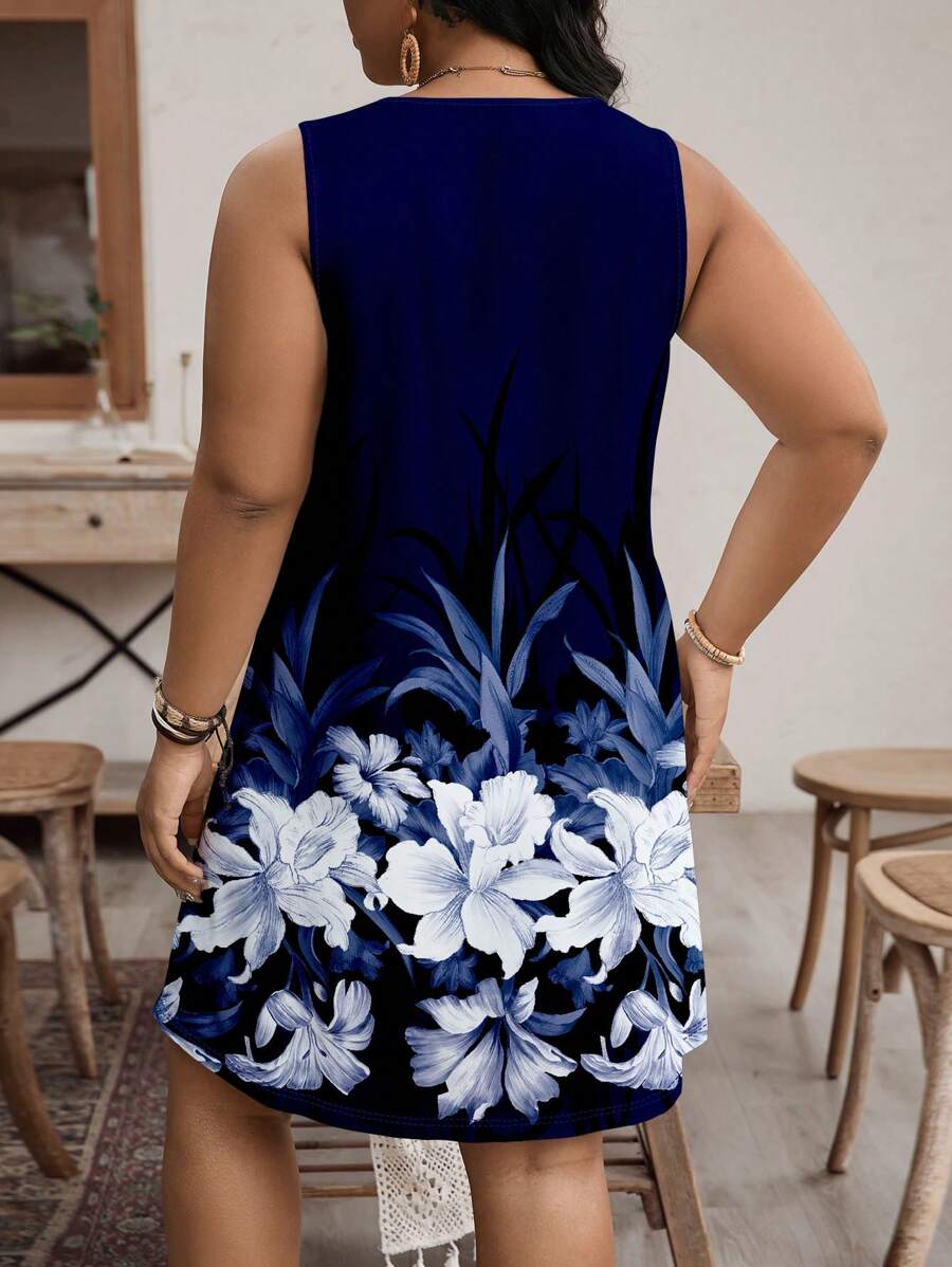 Ženska ležerna haljina plus size  sa okruglim izrezom , boho cvetni print