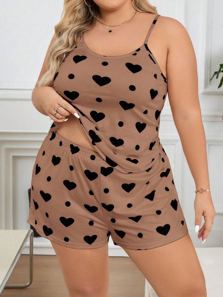 Ženski pidžama komplet plus size sa topom na bretele sa printom srca i pantalonama