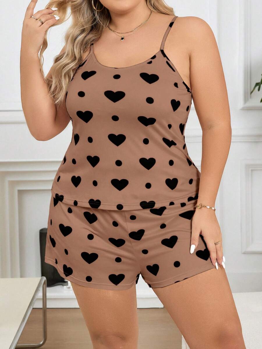 Ženski pidžama komplet plus size sa topom na bretele sa printom srca i pantalonama