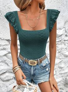 SHEIN VCAY Women's Summer Slim Fit Square Neck Flutter Sleeved T-Shirt