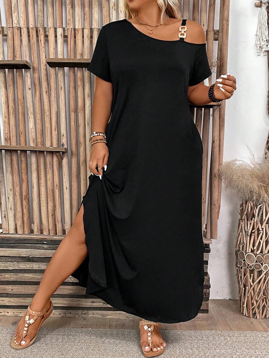 Ženska ležerna haljina plus size jednobojna, sa asimetričnim izrezom