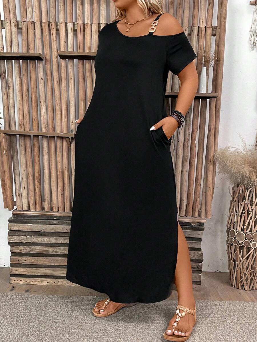 Ženska ležerna haljina plus size jednobojna, sa asimetričnim izrezom