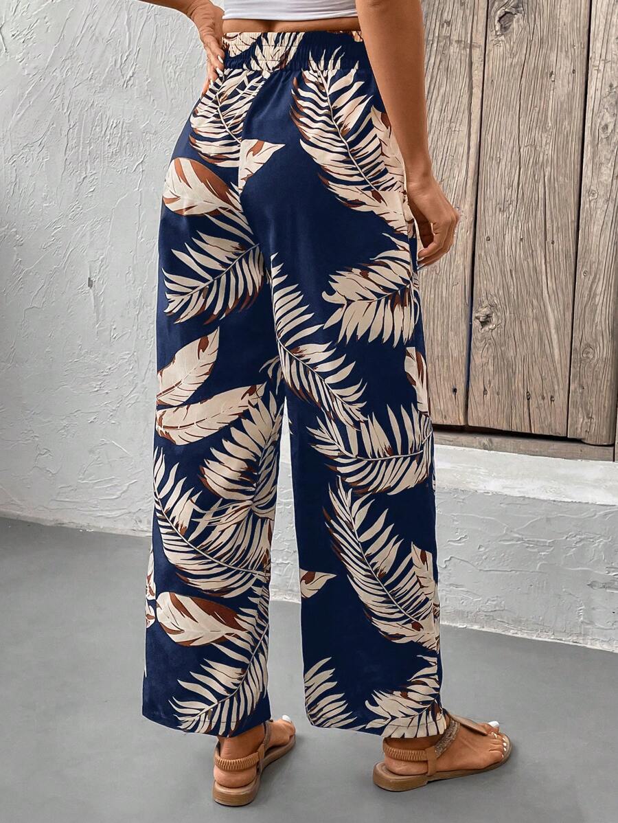 Ženske pantalone sa printom tropskih biljaka, visokog struka
