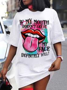 Slaydiva Women's Casual Minimalist Cartoon Sexy Lip Print Loose Round Neck Short Sleeve T-Shirt Dress, Cotton Blend, Suitable For Summer
