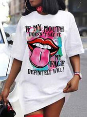 Slaydiva Women's Casual Minimalist Cartoon Sexy Lip Print Loose Round Neck Short Sleeve T-Shirt Dress, Cotton Blend, Suitable For Summer