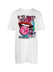 Slaydiva Women's Casual Minimalist Cartoon Sexy Lip Print Loose Round Neck Short Sleeve T-Shirt Dress, Cotton Blend, Suitable For Summer
