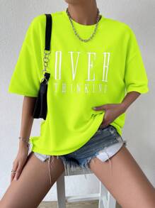SHEIN Almamuse Women's Summer Casual Casual T-Shirt With Slogan Print, Round Neckline And Drop-Shoulder Sleeves Graphic Tees Women Tops