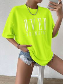 SHEIN Almamuse Women's Summer Casual Casual T-Shirt With Slogan Print, Round Neckline And Drop-Shoulder Sleeves Graphic Tees Women Tops