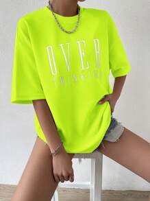 SHEIN Almamuse Women's Summer Casual Casual T-Shirt With Slogan Print, Round Neckline And Drop-Shoulder Sleeves Graphic Tees Women Tops