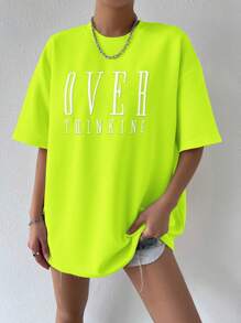 SHEIN Almamuse Women's Summer Casual Casual T-Shirt With Slogan Print, Round Neckline And Drop-Shoulder Sleeves Graphic Tees Women Tops