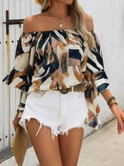 Breezaya Women's Fashionable Loose Off-Shoulder Printed Oversized Shirt, Random Cut